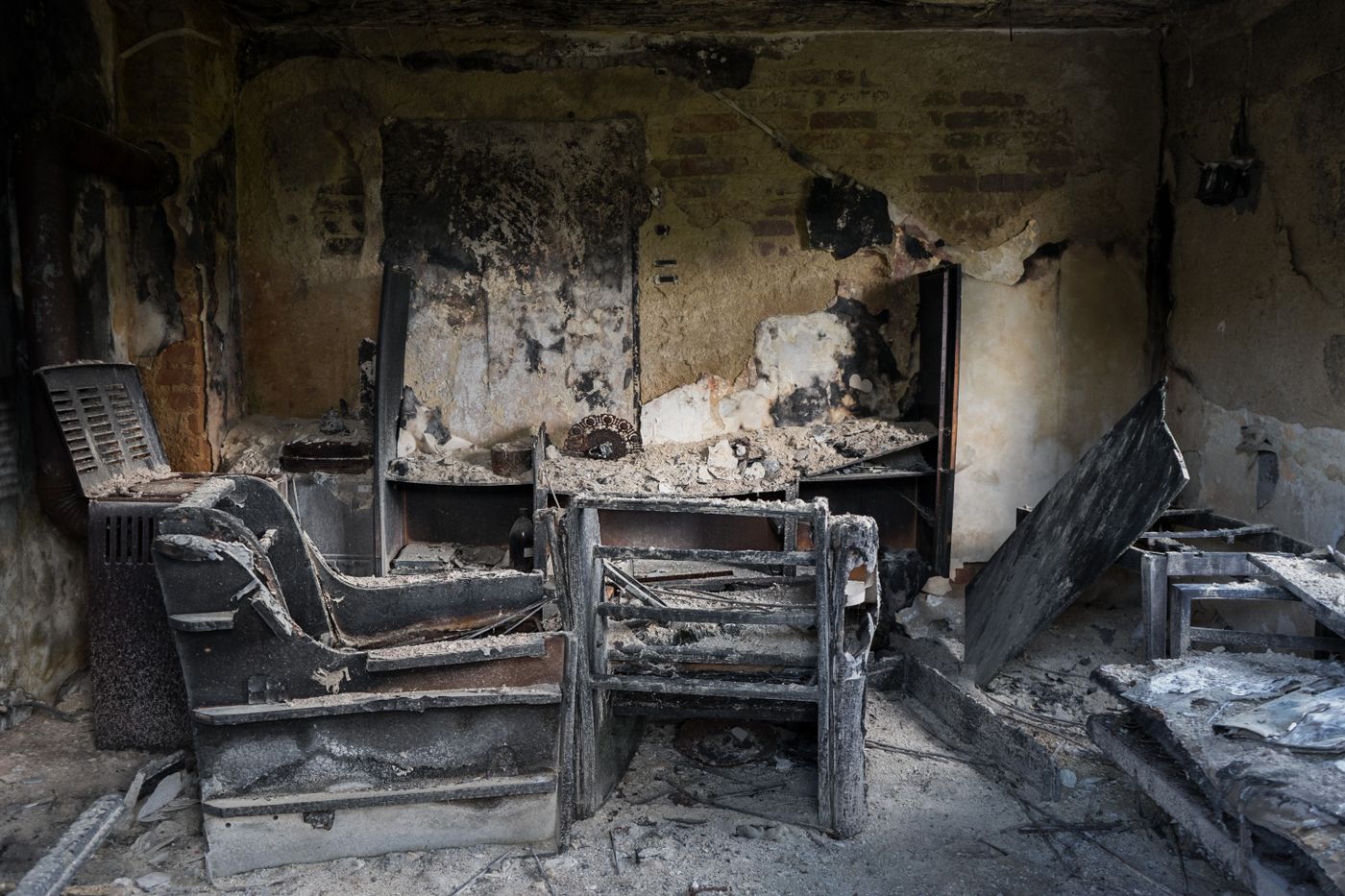Fire-damaged room interior after a house fire in Southlake, TX